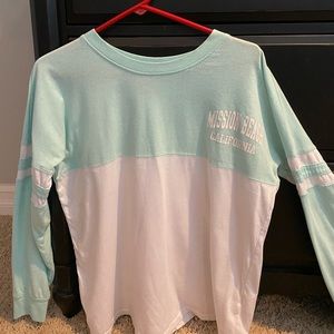 White and teal long sleeve Mission Beach T-shirt